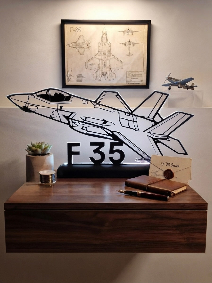 Lampada LED con silhouette 3D del caccia F35 su base illuminata