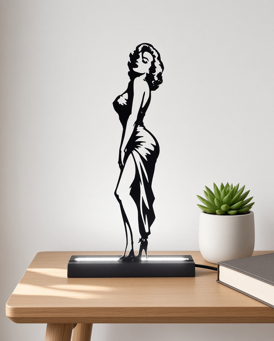 Lampada LED con silhouette 3D di Marilyn Monroe in piedi di profilo