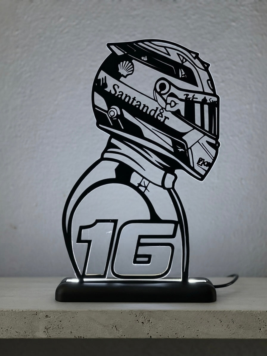 Lampada LED con silhouette 3D di Charles Leclerc con casco e numero 16