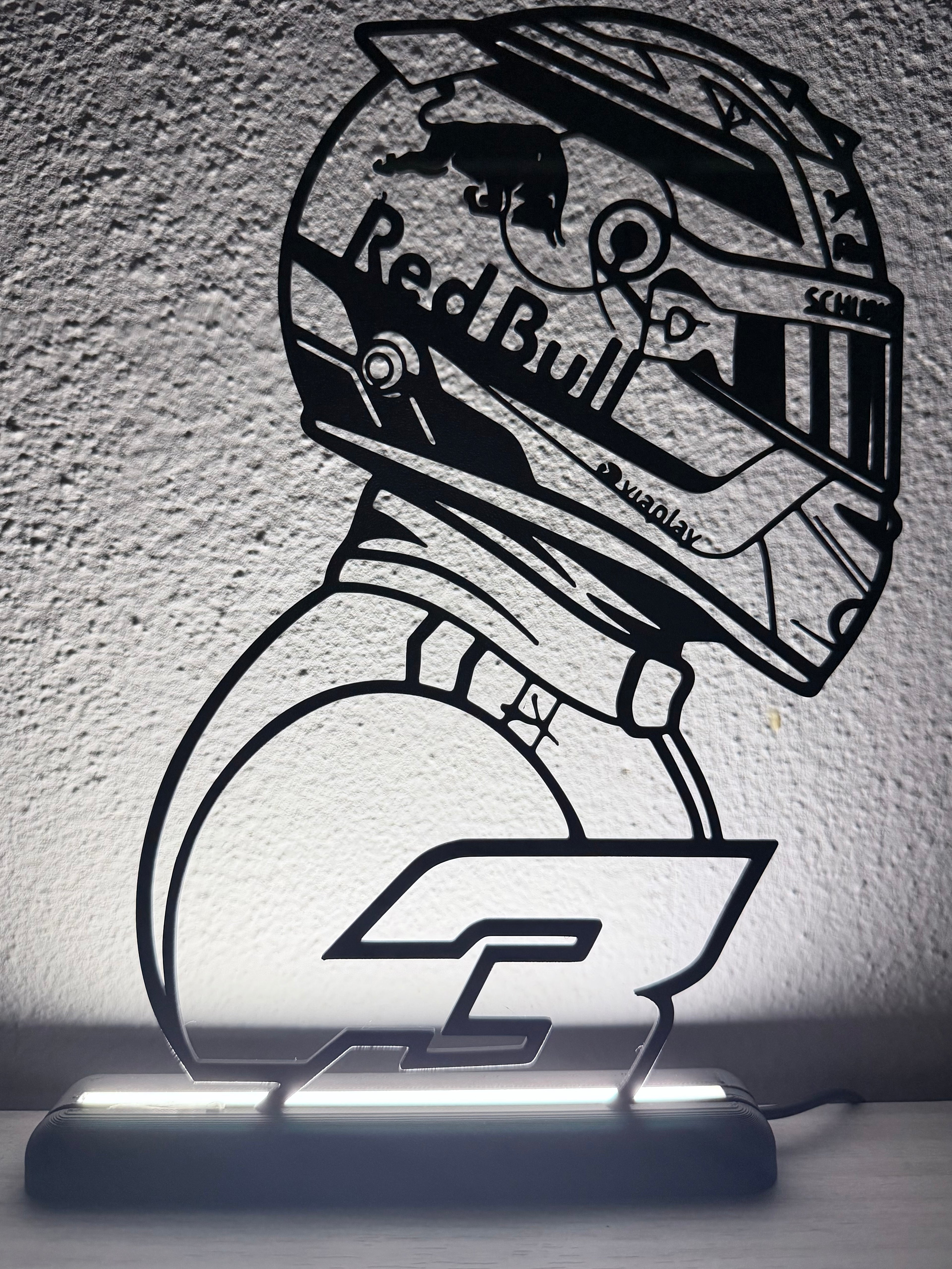 Silhouette 3D di Max Verstappen in plastica nera con base LED