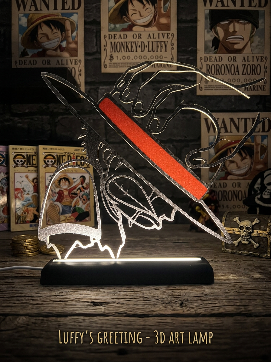 Lampada LED con silhouette 3D di Luffy di One Piece su base illuminata