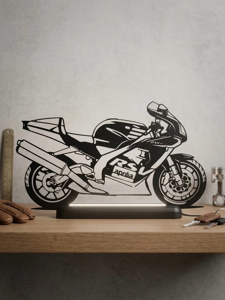 Lampada LED con silhouette 3D dell'Aprilia RSV 1000 su mensola