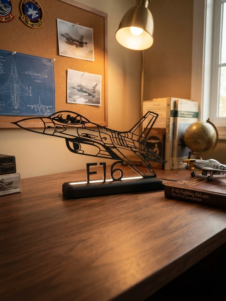 Silhouette 3D dell'aereo F16 in plastica nera con base LED