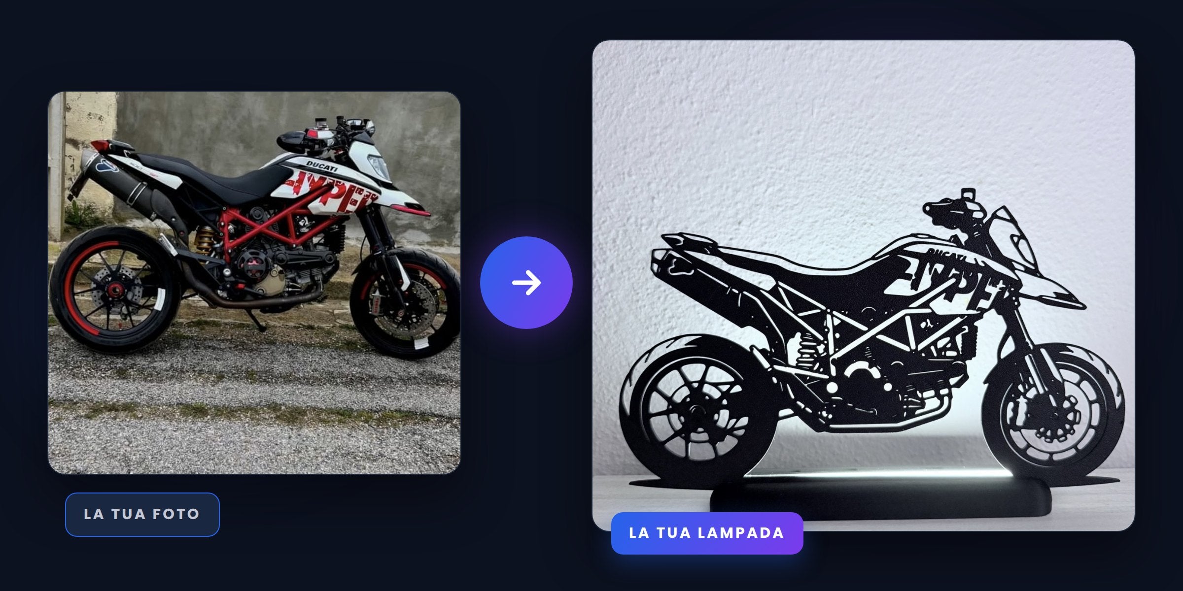 A sinistra la foto di una supermotard bianca e rossa, a destra la lampada LED con la silhouette della stessa moto su base illuminata